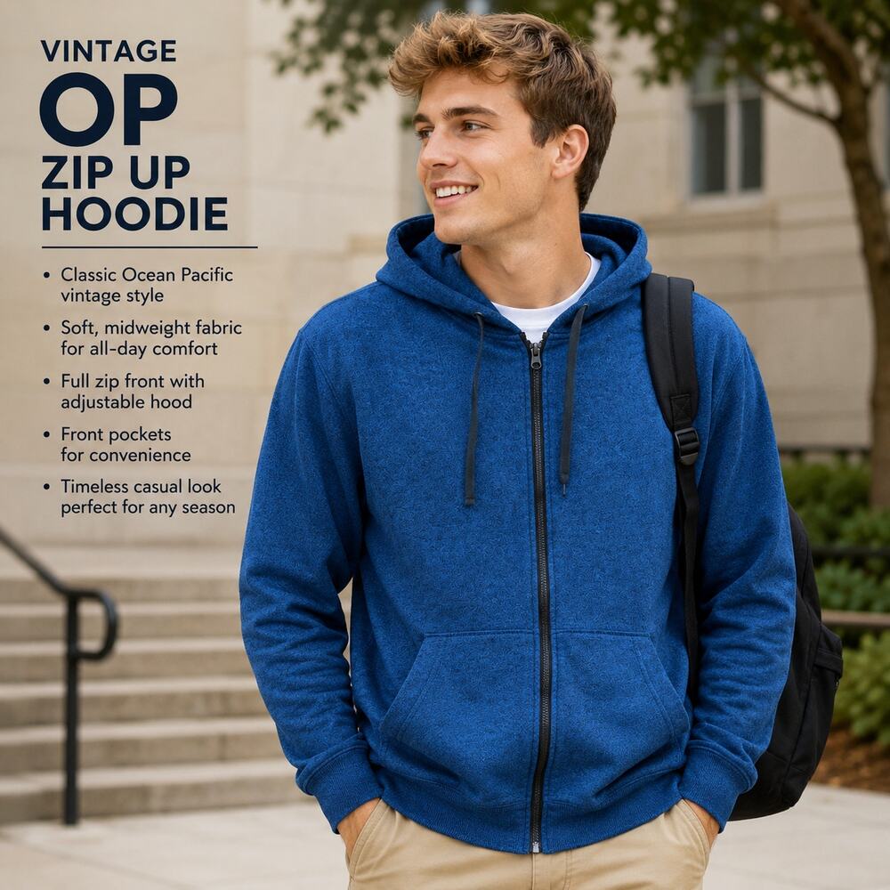 Vintage OP Ocean Pacific Full Zip Hoodie Blue Men’s Medium Y2K Surf Casual